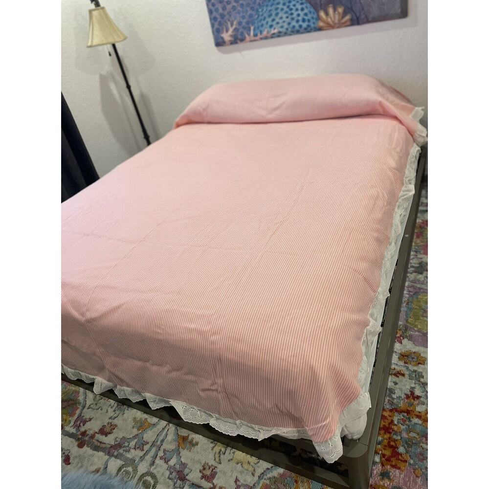 Sears Pink Pinstripe Twin Bedspread 74X 110 White Ruffle Perma Prest Vtg
